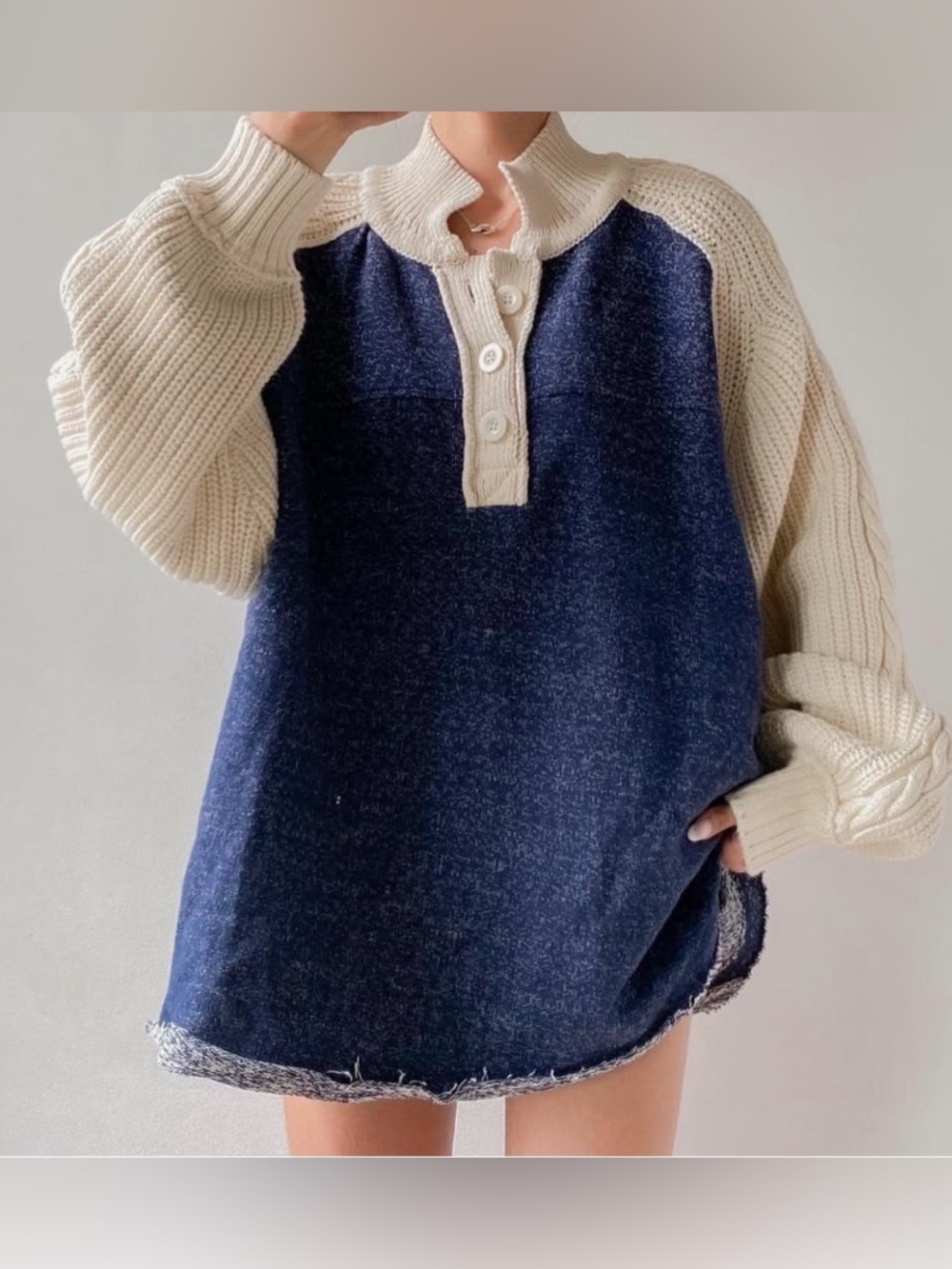 We The Free Navy and Cream Button Henley Pullover